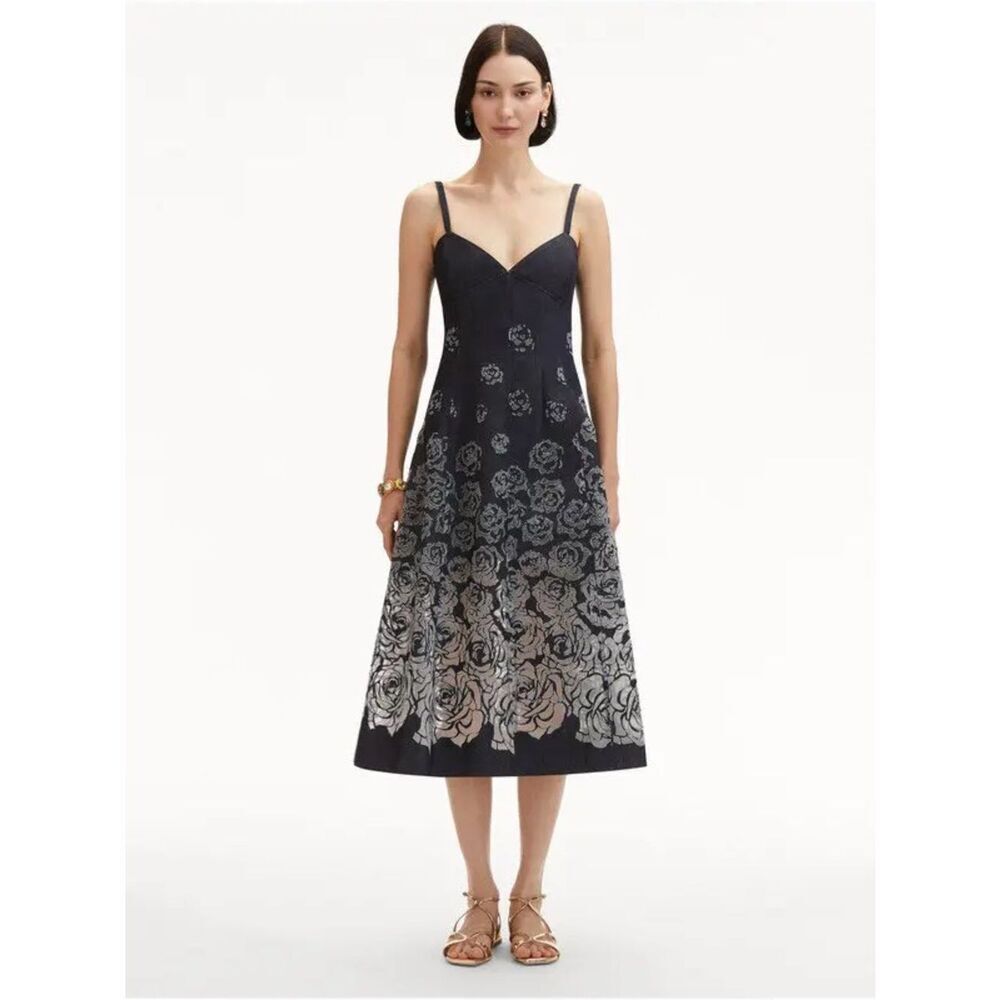 New OSCAR DE LA RENTA V-Neck Rose Denim Devore Sleeveless Midi Dress Size 4